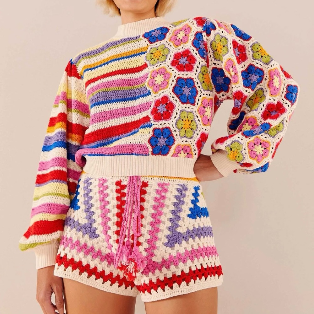 FARM Rio Rainbow Handmade Crochet Sweater Multicolor Mock Neck Women's Large NWT - Picture 4 of 16